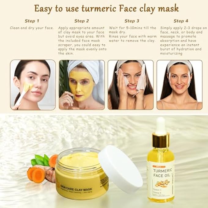 Mr.A TURMERIC CLAY MASK & SERUM SKINCARE KIT, VITAMIN C DEEP CLEANSING OVERNIGHT FACE MASK FOR PORES, TURMERIC FACE OIL FOR DRY SKIN - Image 4